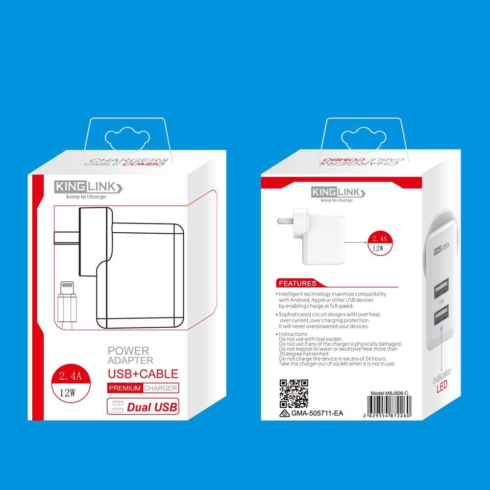 Kinglink  dual USB home charger  type-c cable/micro/lightning