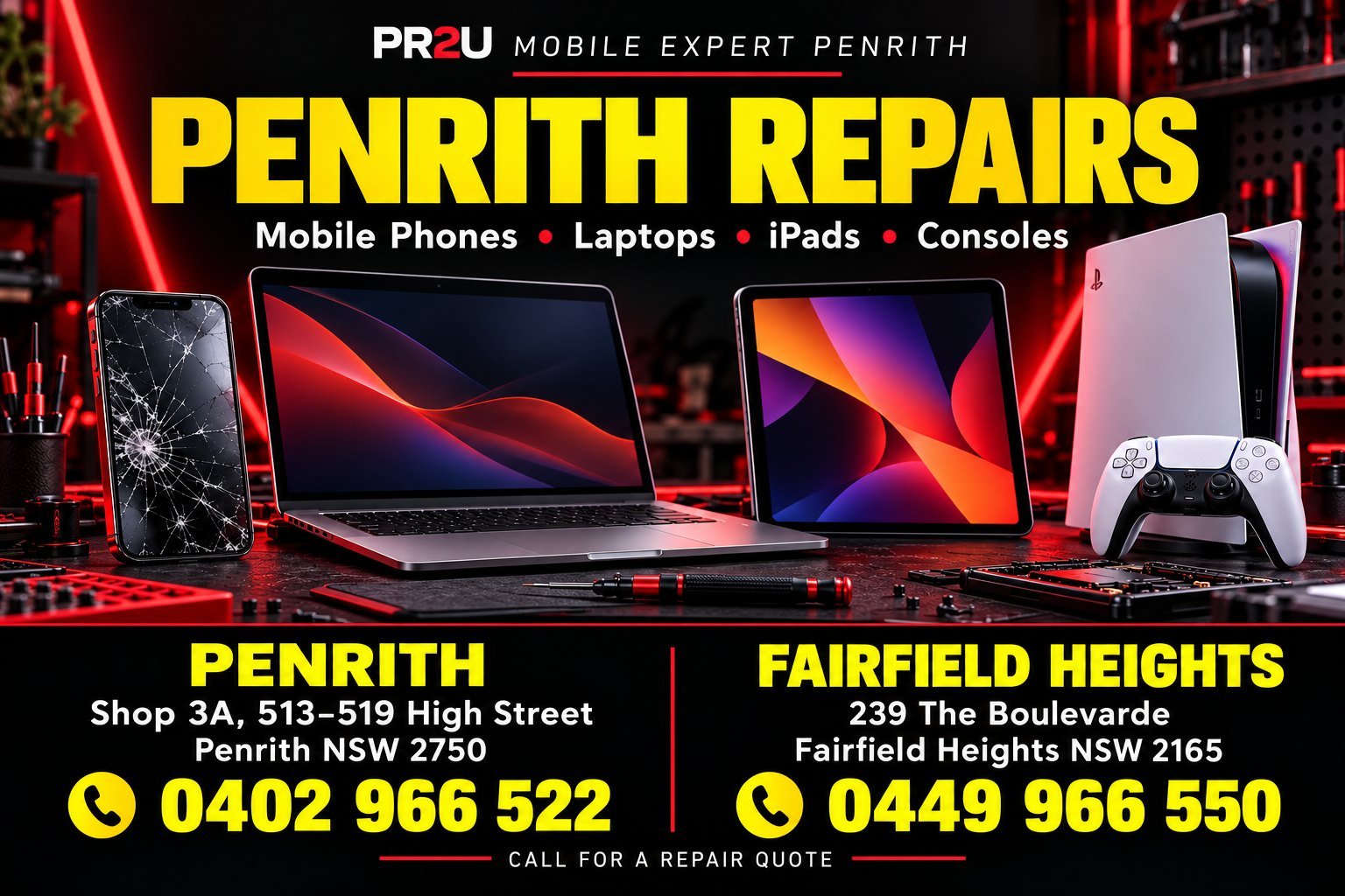 PR2U repair services for phones, laptops, iPads and consoles, showing Penrith and Fairfield Heights addresses and phone numbers.